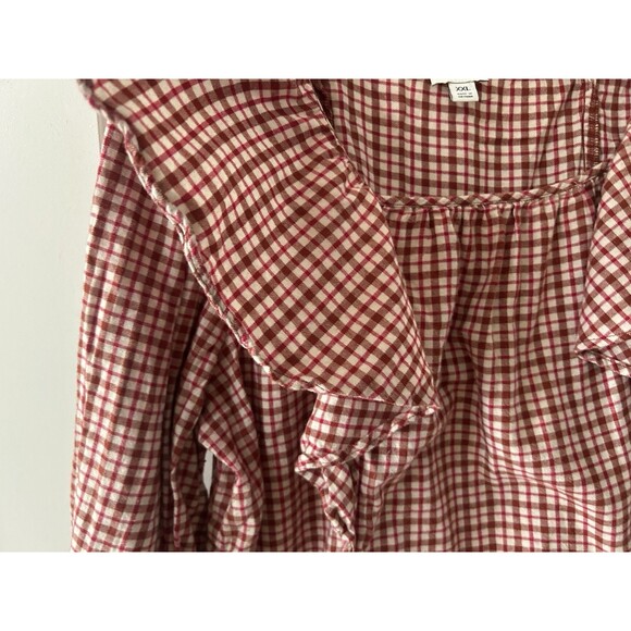 J. Crew Women’s XXL Red Plaid Ruffle Boho Hippie Cottage Square Neck Cropped - Picture 5 of 10
